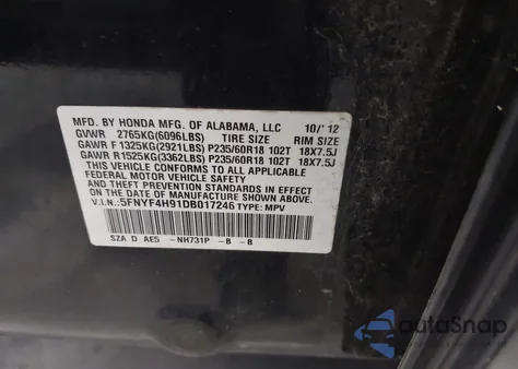 2013 Honda Pilot Touring z USA, uszkodzony, nr VIN 5FNYF4H91DB017246